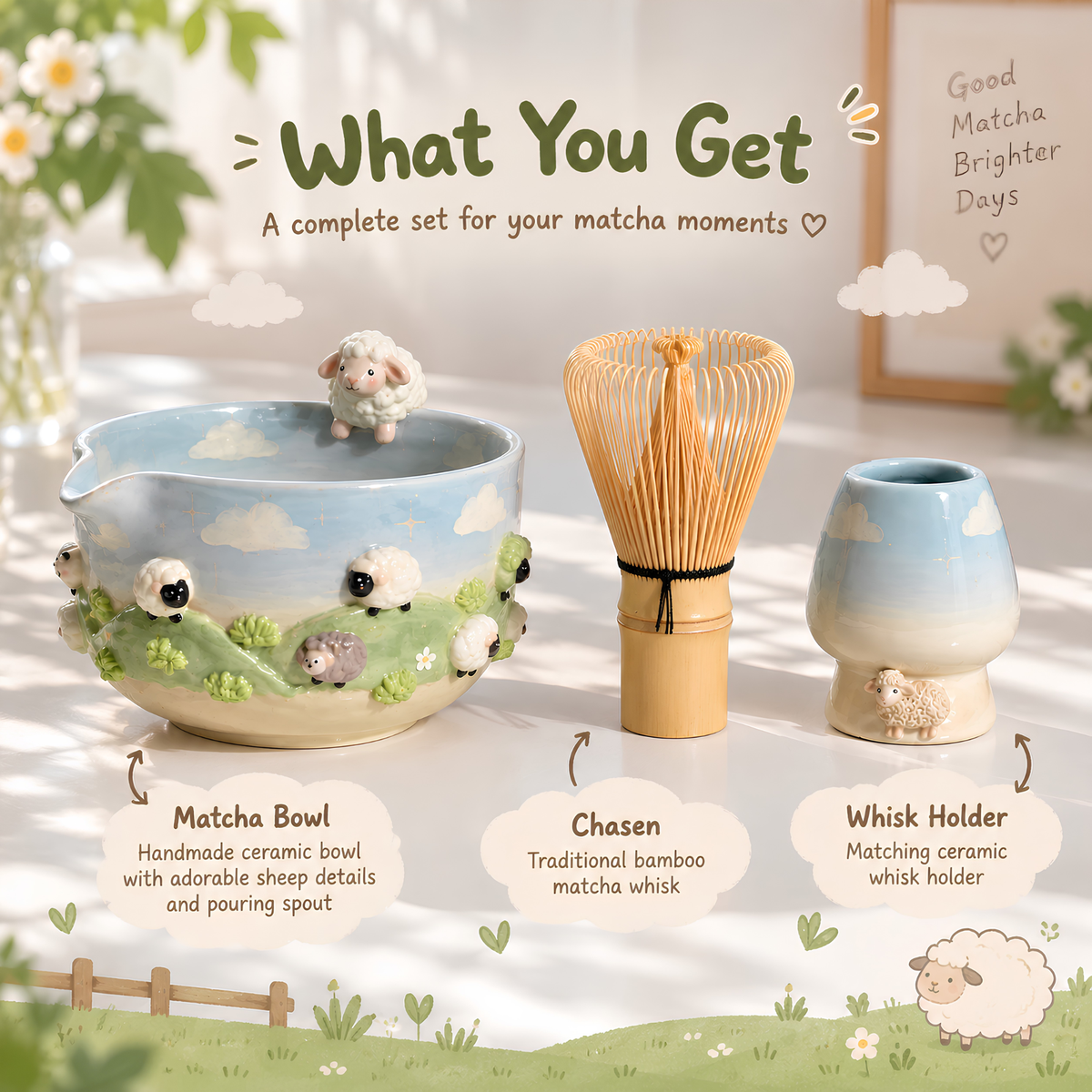 Sheep Matcha Bowl Set, Handmade Ceramic Matcha Set, Cute Chawan with Whisk Holder, Cottagecore Matcha Gift for Tea Lover | LA046