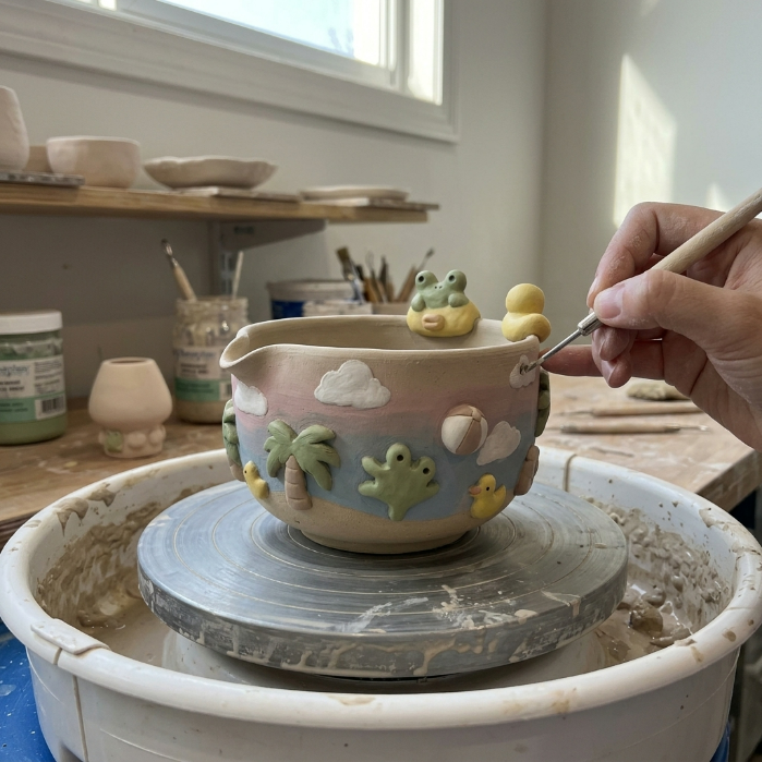 Handmade Frog Matcha Bowl Set, Cute Duck Ceramic Matcha Tea Set, Ombre Matcha Bowl with Whisk Holder, Kawaii Tea Gift | LA2