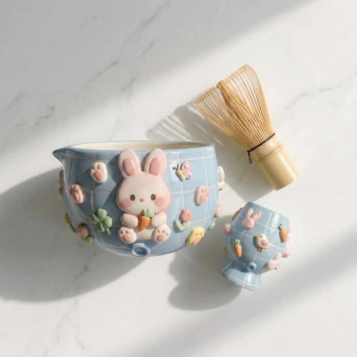 Grid  Mint Blue Bunny Matcha Bowl | Handmade Ceramic Chawan | LA028