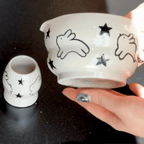 Minimalist Bunny Star Hand-Painted Ceramic Matcha Bowl and Whisk Holder Set • HX06