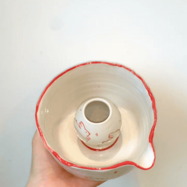 Minimalist Red Line Bunny Hand-Painted Ceramic Matcha Bowl and Whisk Holder Set • HX08