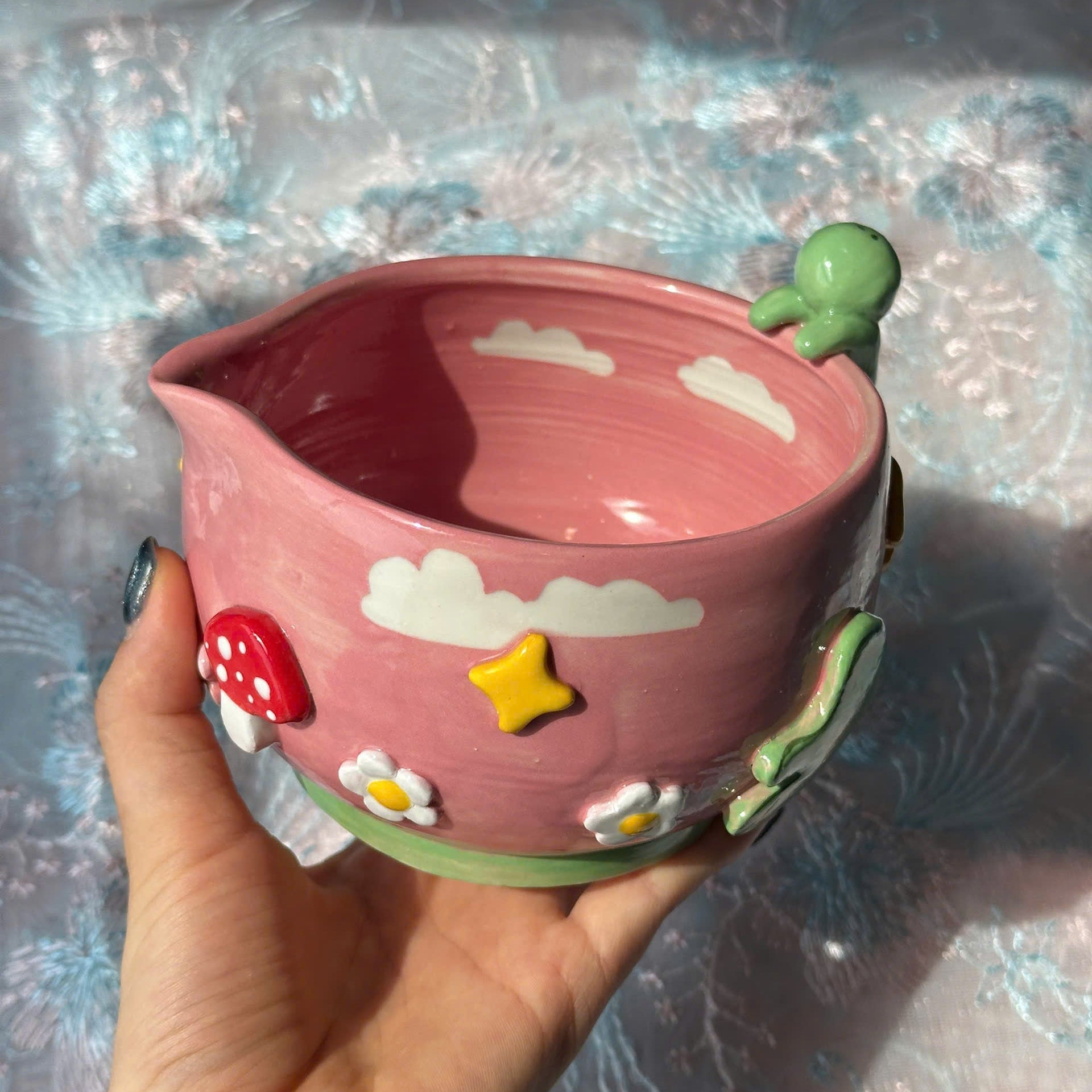 Fairytale Pink Sky Smiski 3D Handcrafted Ceramic Matcha Bowl and Whisk Holder Set • HX07